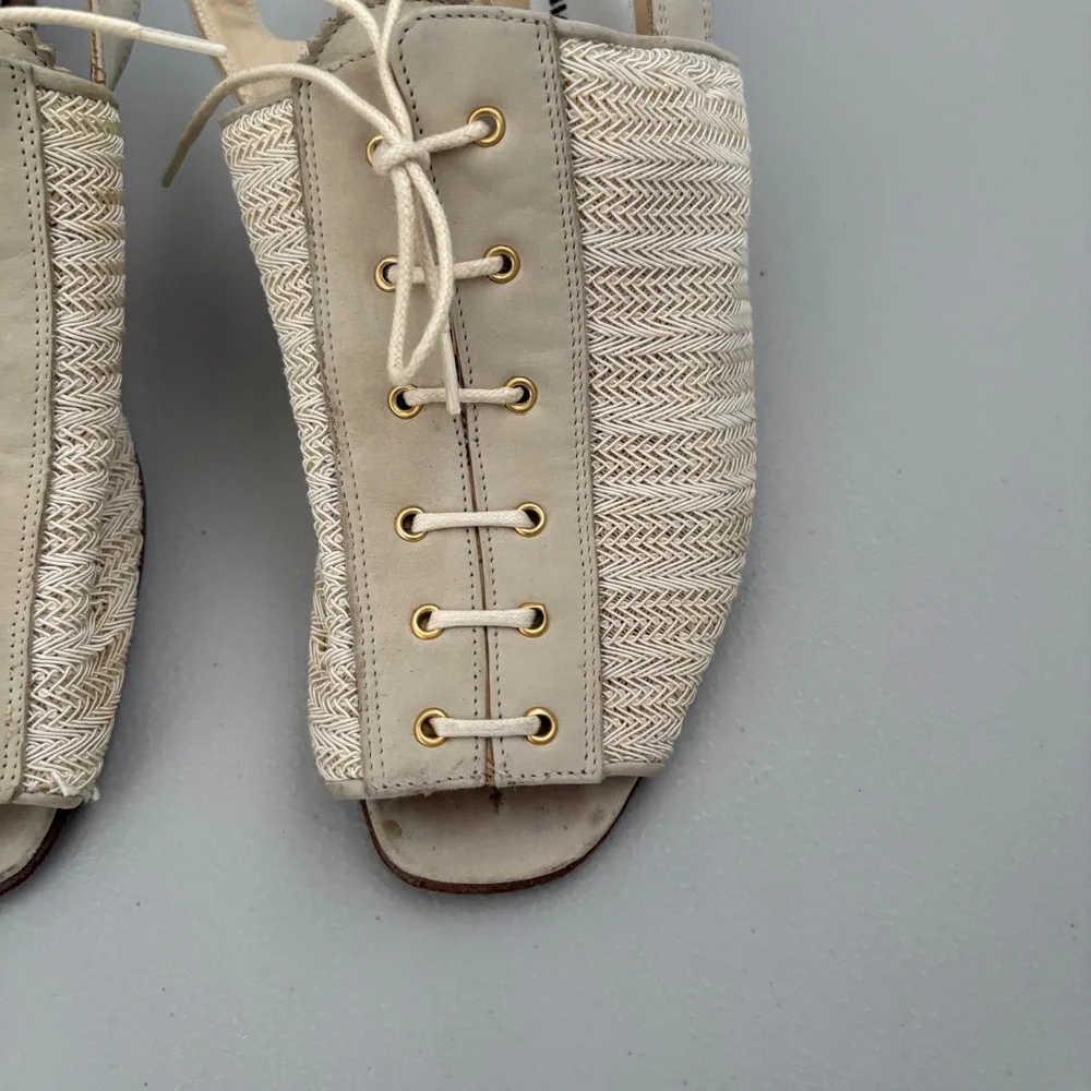 Saks Fifth Avenue Slingback Heels Lace Up Peep Toe Leather Woven Beige -Size 8.5